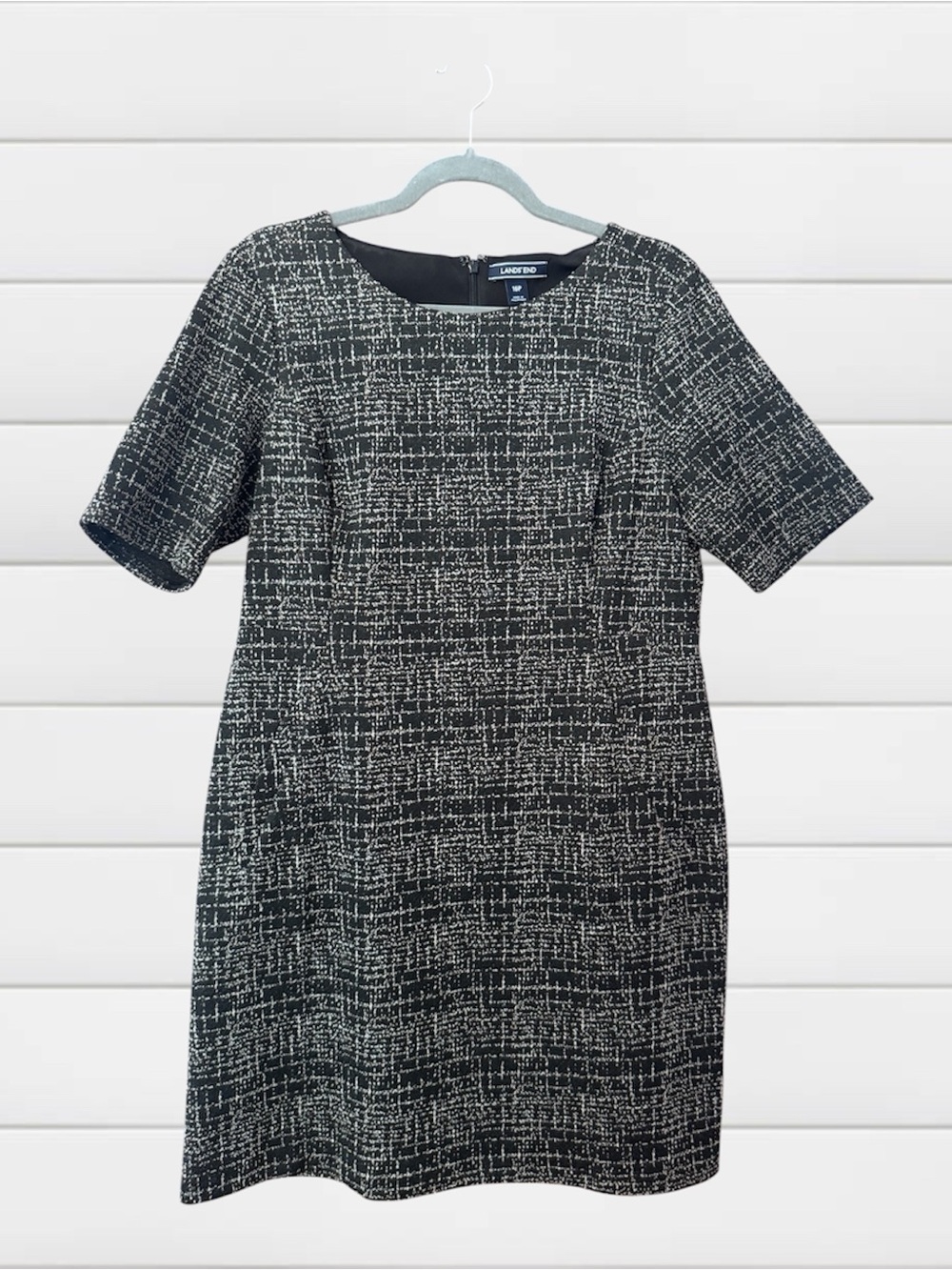 Lands’ End Black Cream Textured Shift Dress Pockets Stretch Petite 16P
